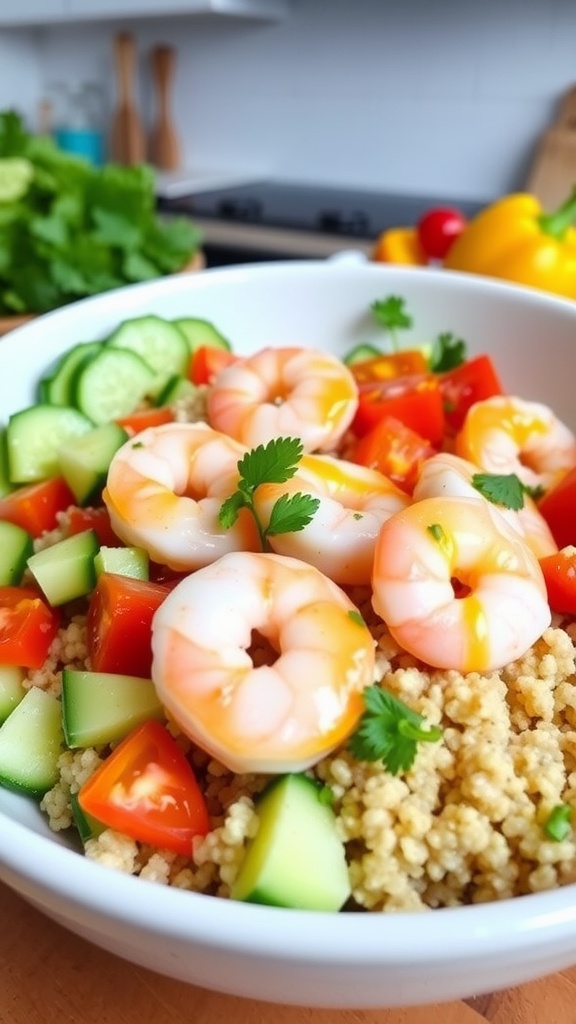 A colorful shrimp quinoa bowl with shrimp, quinoa, vegetables, and parsley on a kitchen counter.